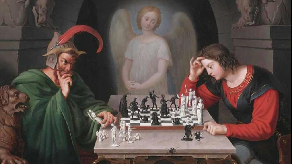 «Jeg har funnet et trekk! Ett trekk! Gjør du det trekket, kan du vinne over djevelen!» ropte sjakkmesteren til den unge mannen på maleriet